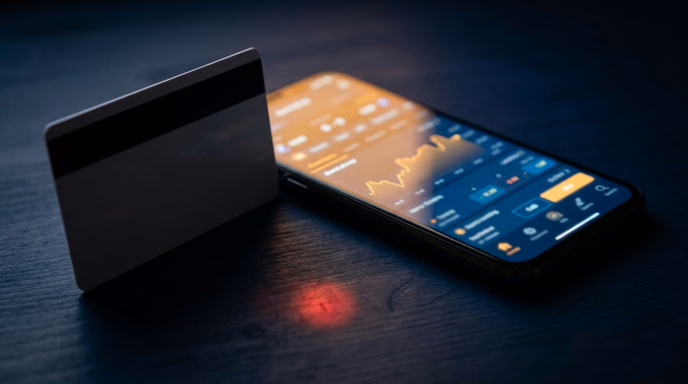 Credit card resting against a smartphone displaying a sports betting app on a dark desk