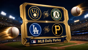 Two-leg MLB daily parlay ticket graphic: Brewers vs Athletics and Dodgers vs Pirates, June 10, 2026