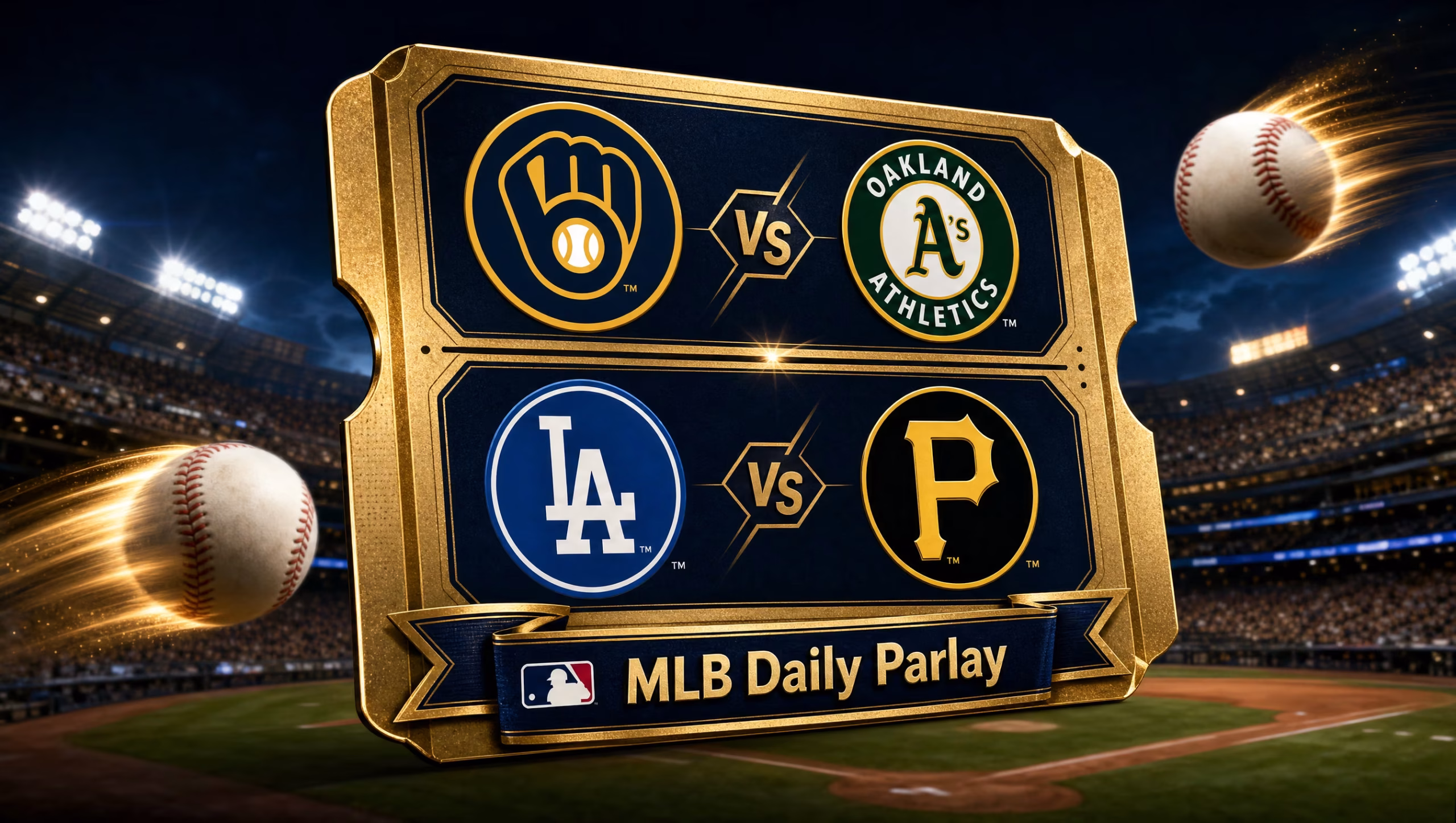 Two-leg MLB daily parlay ticket graphic: Brewers vs Athletics and Dodgers vs Pirates, June 10, 2026