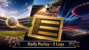 Three-leg daily parlay graphic: College World Series baseball plus USA and Canada World Cup openers