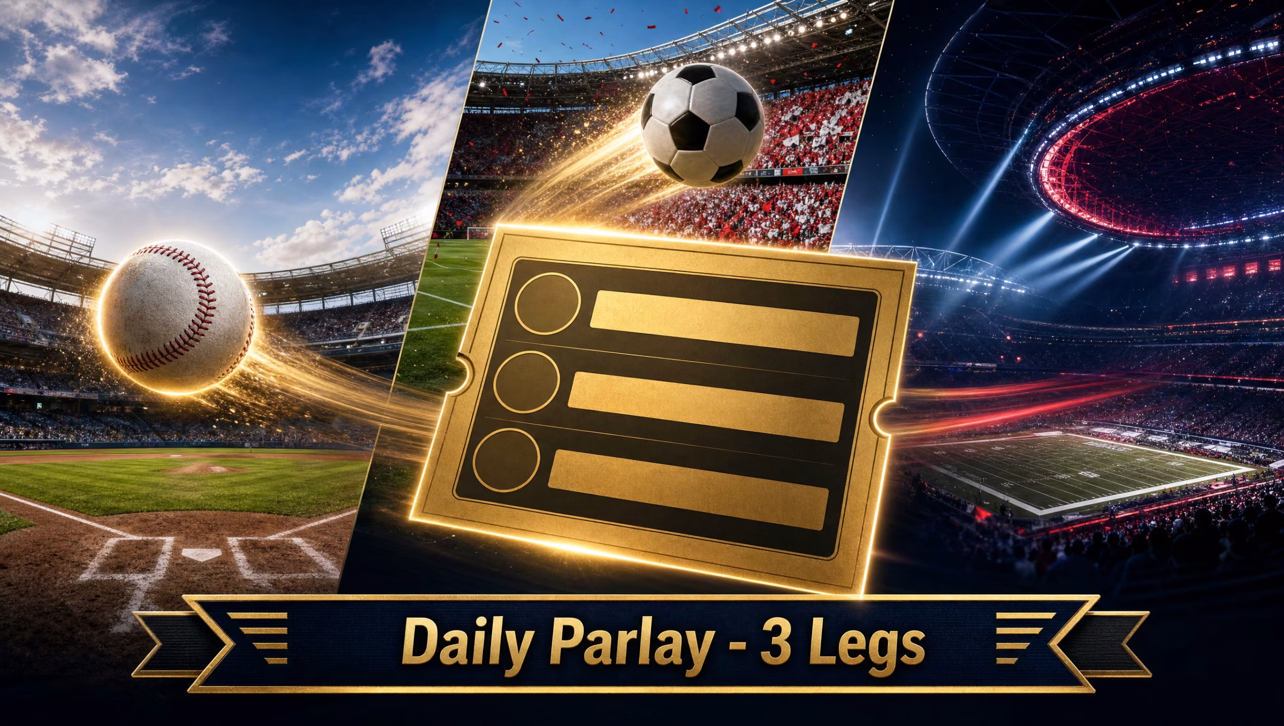 Three-leg daily parlay graphic: College World Series baseball plus USA and Canada World Cup openers