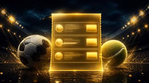 Glowing golden three-leg daily parlay picks bet slip with a soccer ball and tennis ball under stadium lights