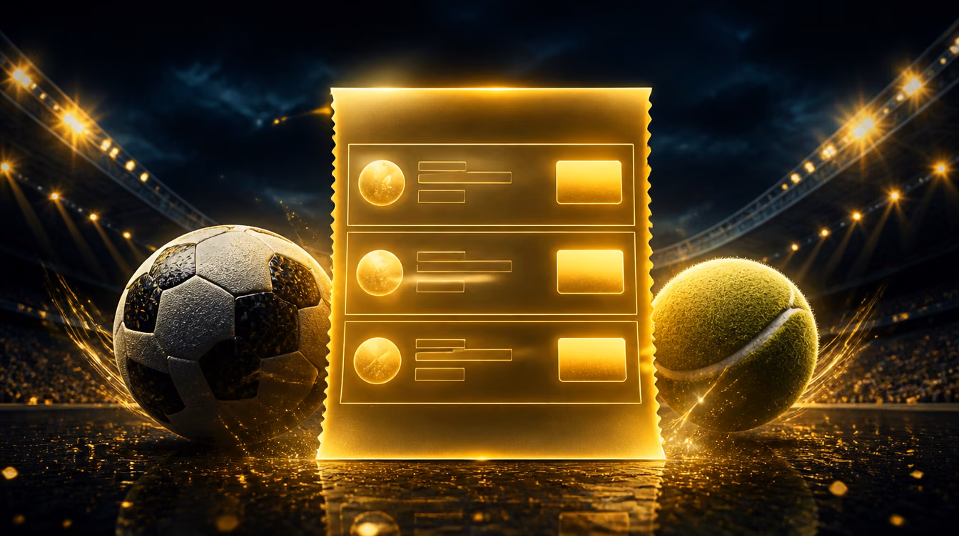 Glowing golden three-leg daily parlay picks bet slip with a soccer ball and tennis ball under stadium lights
