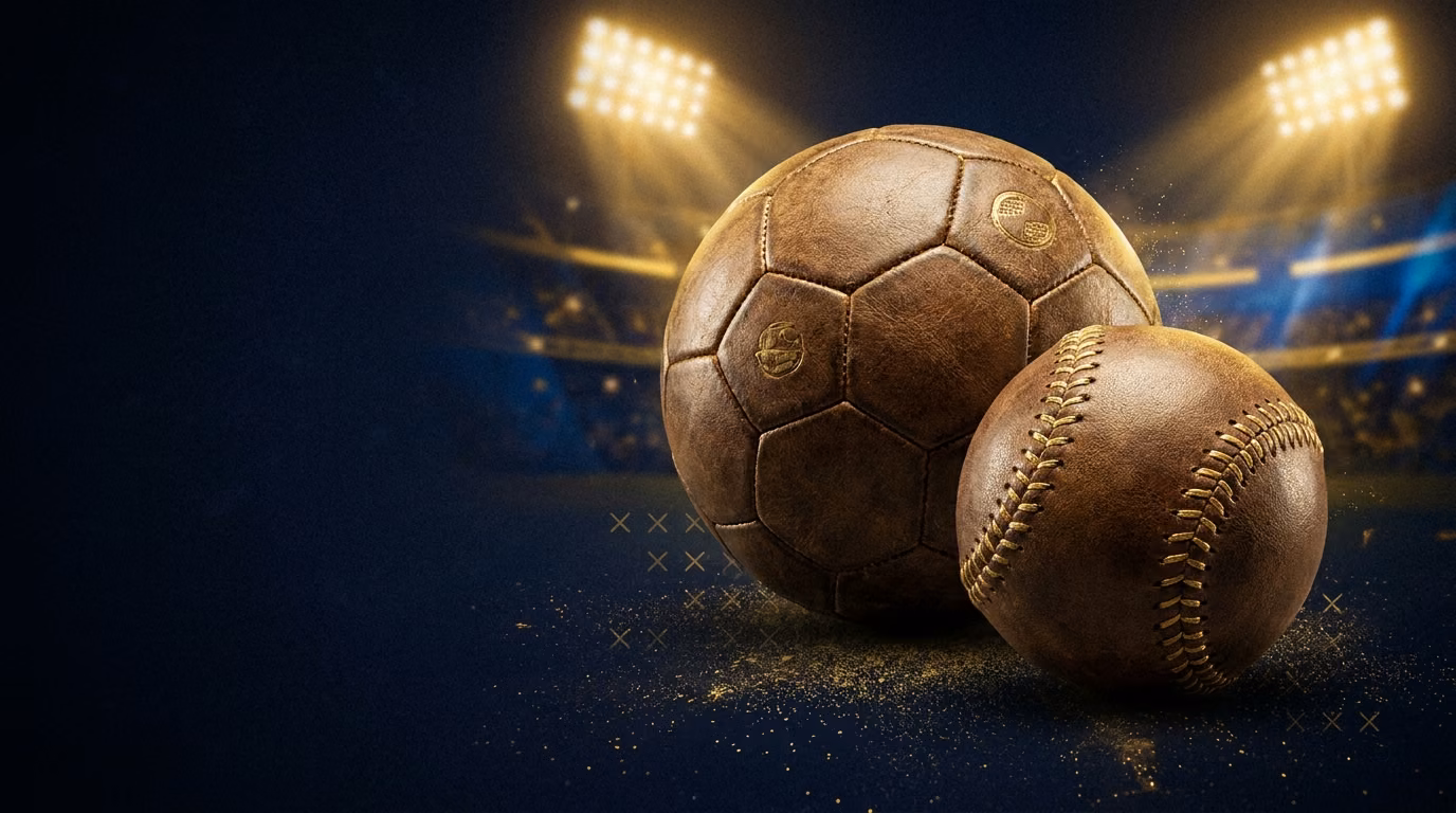 Soccer ball and baseball on a dark navy background with gold accents for a two-leg World Cup and College World Series parlay