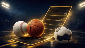 Three-leg sports betting parlay graphic with baseball, basketball, and soccer ball.