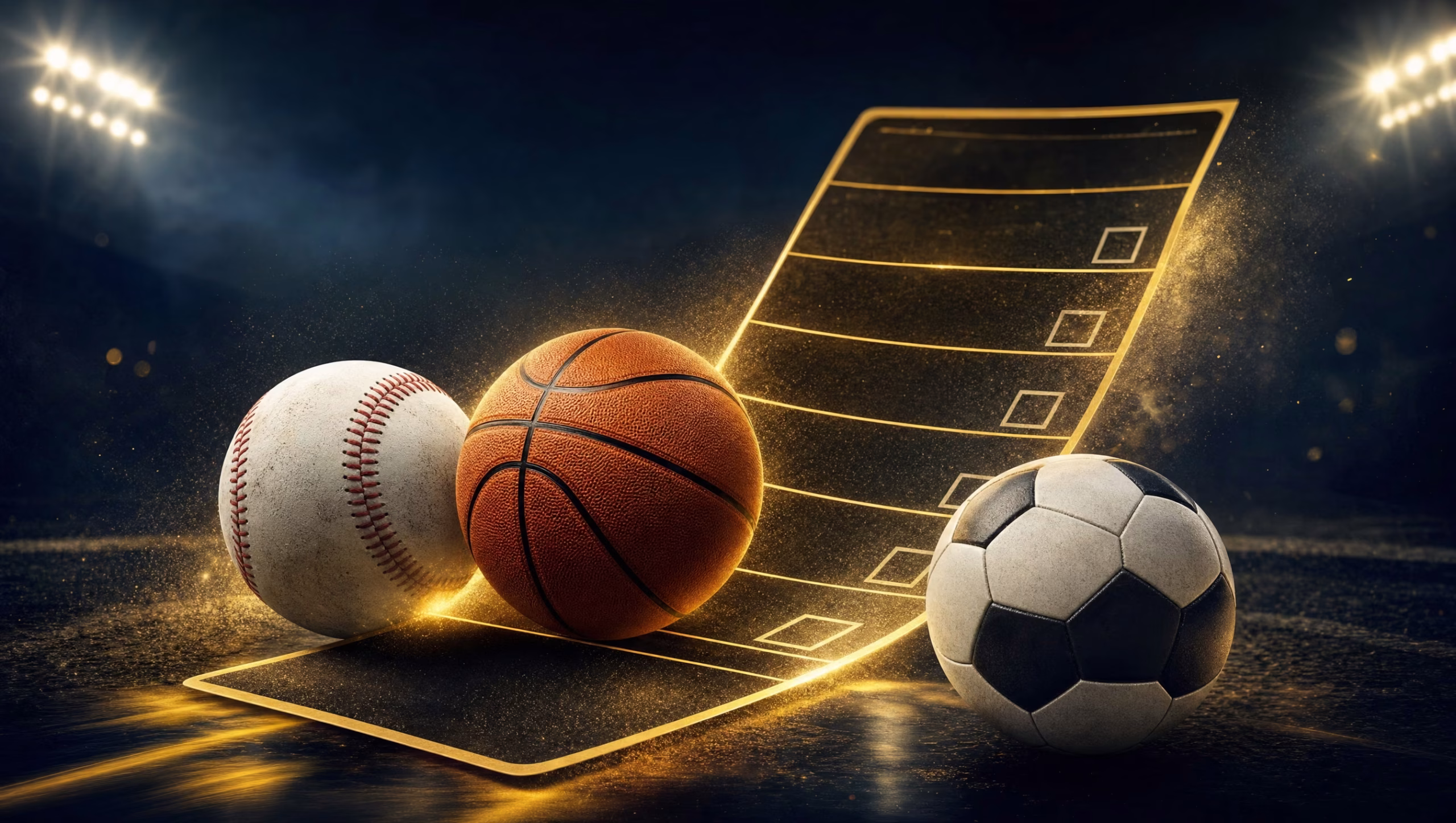 Three-leg sports betting parlay graphic with baseball, basketball, and soccer ball.