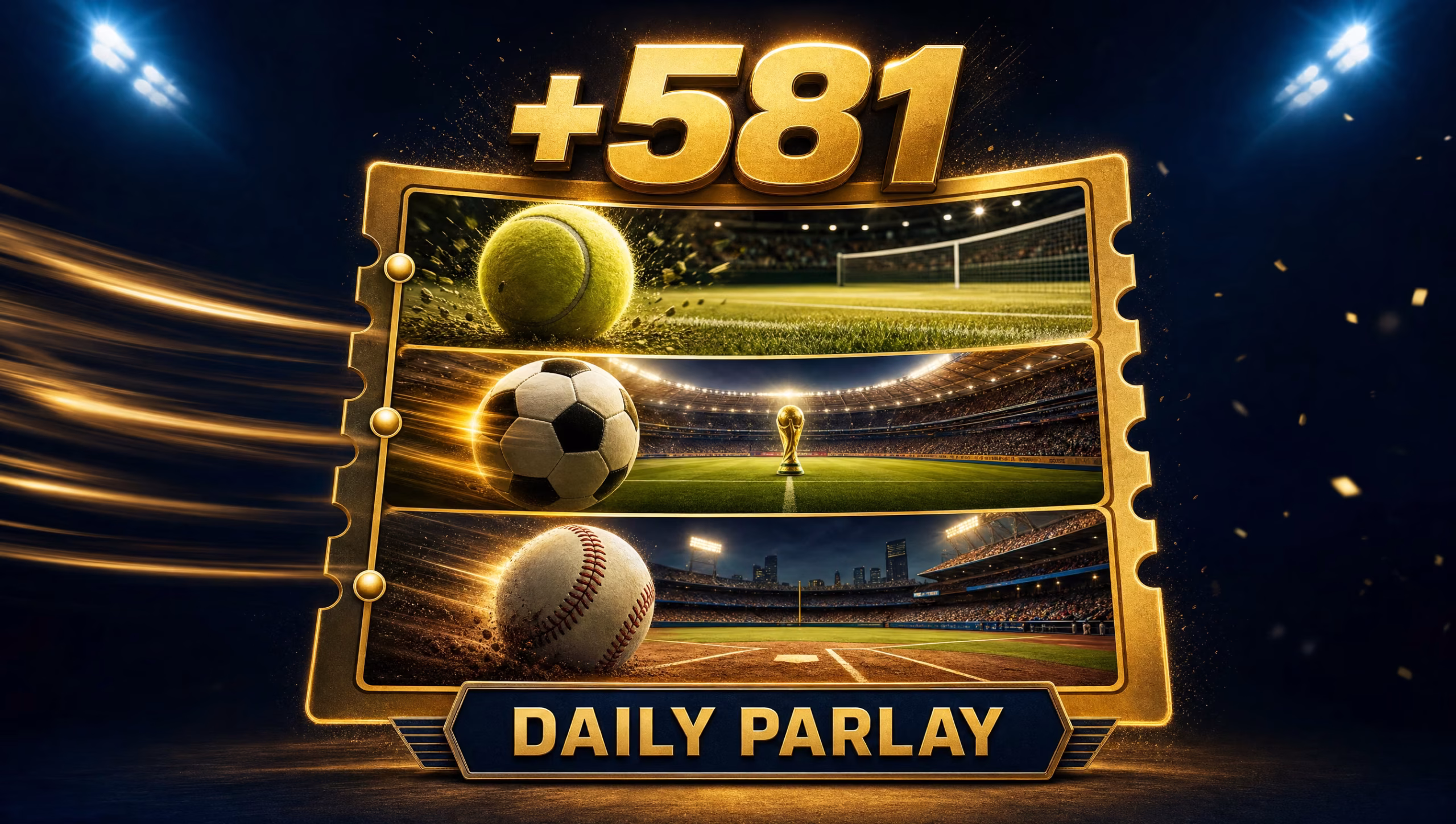 3-leg daily parlay graphic for June 25 2026 with tennis, soccer and MLB legs at +581 odds