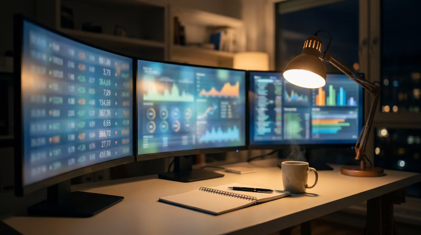 Desk with glowing monitors showing blurred sports statistics dashboards at night, illustrating DFS data overload