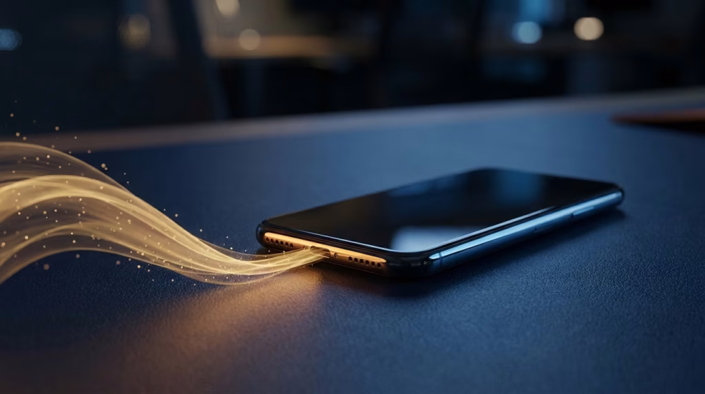 Smartphone on a dark desk with a gold light trail representing a fast online casino payout