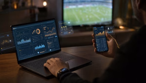Laptop and phone showing glowing AI data dashboards for sports betting research, with a football game on the TV