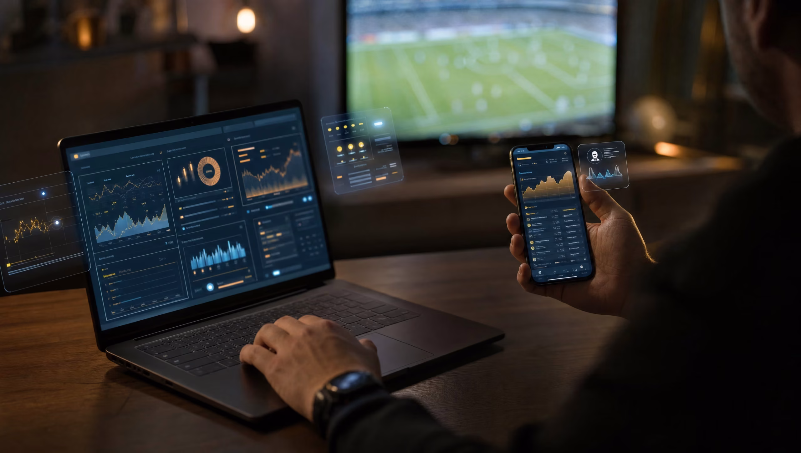 Laptop and phone showing glowing AI data dashboards for sports betting research, with a football game on the TV
