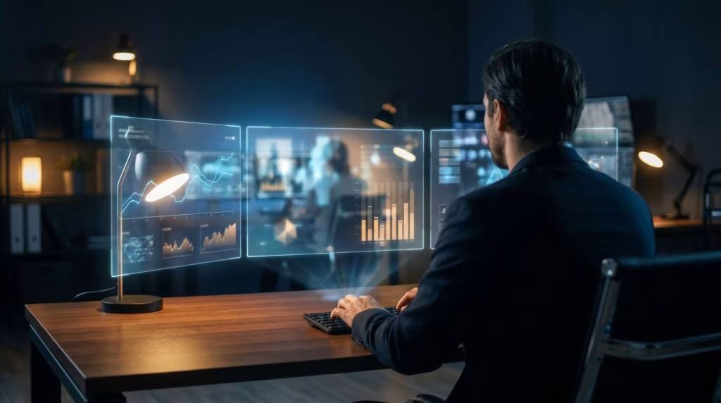 Sports analyst studying glowing AI holographic data dashboards and projection charts for DFS research