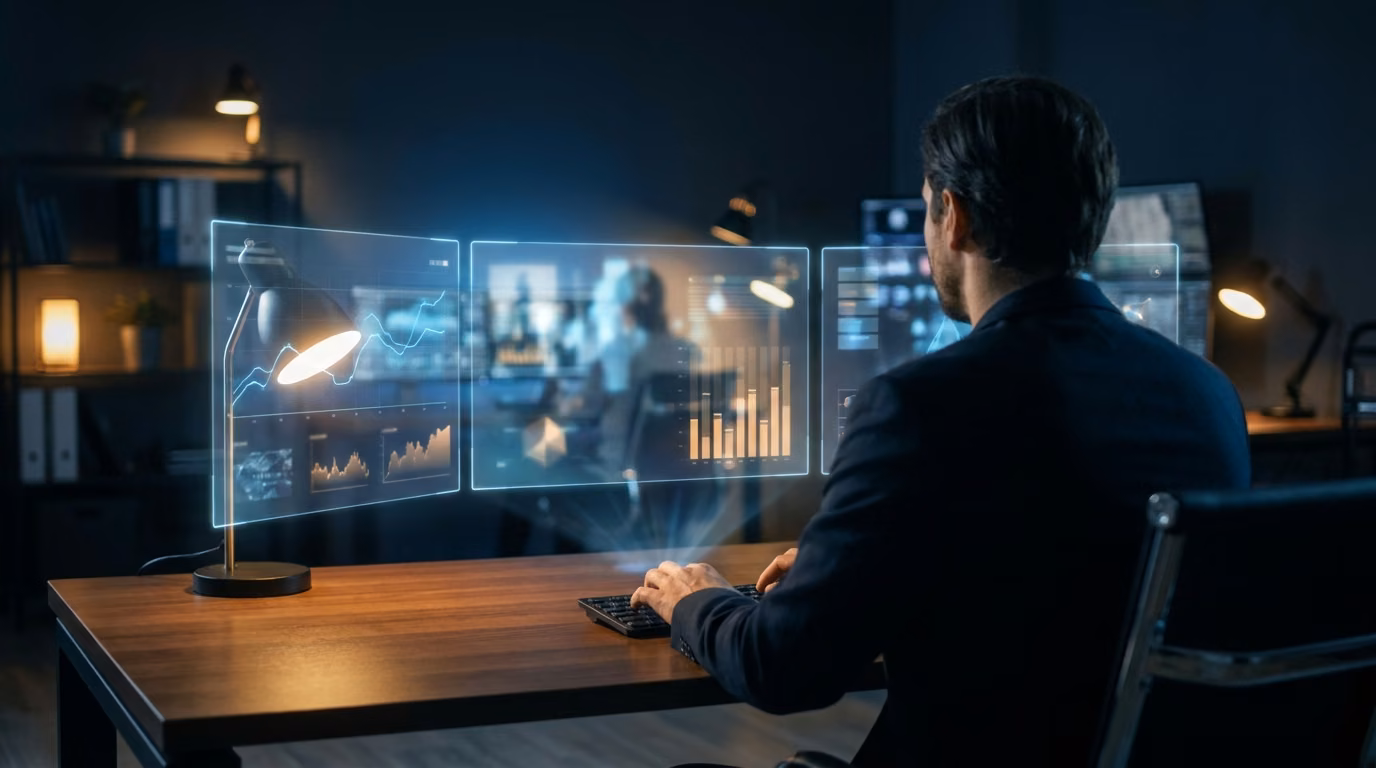 Sports analyst studying glowing AI holographic data dashboards and projection charts for DFS research