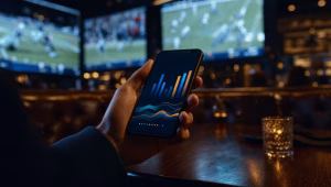 Hand holding a smartphone showing a glowing betting odds graphic in a dim sports bar with blurred game screens