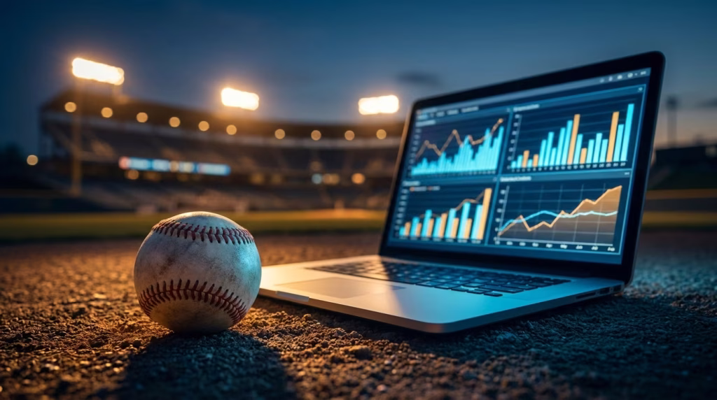 Baseball on infield dirt beside a laptop showing glowing data charts under stadium lights at dusk