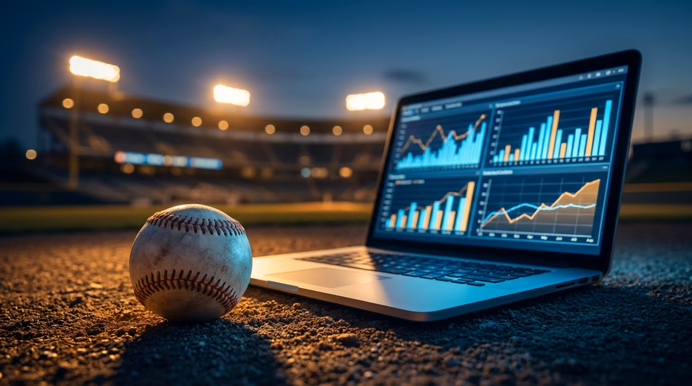 Baseball on infield dirt beside a laptop showing glowing data charts under stadium lights at dusk