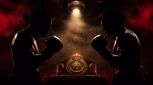 Two boxers face off in silhouette over a championship belt under arena spotlights