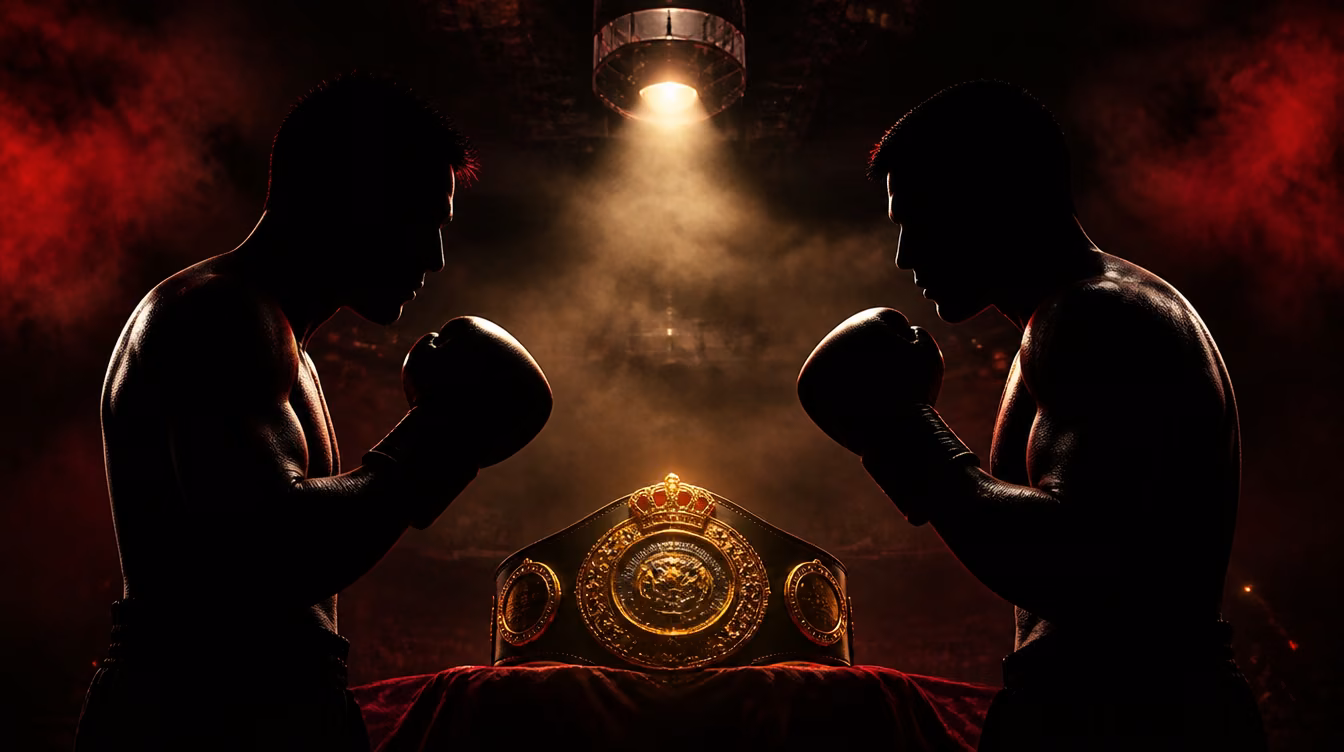 Two boxers face off in silhouette over a championship belt under arena spotlights