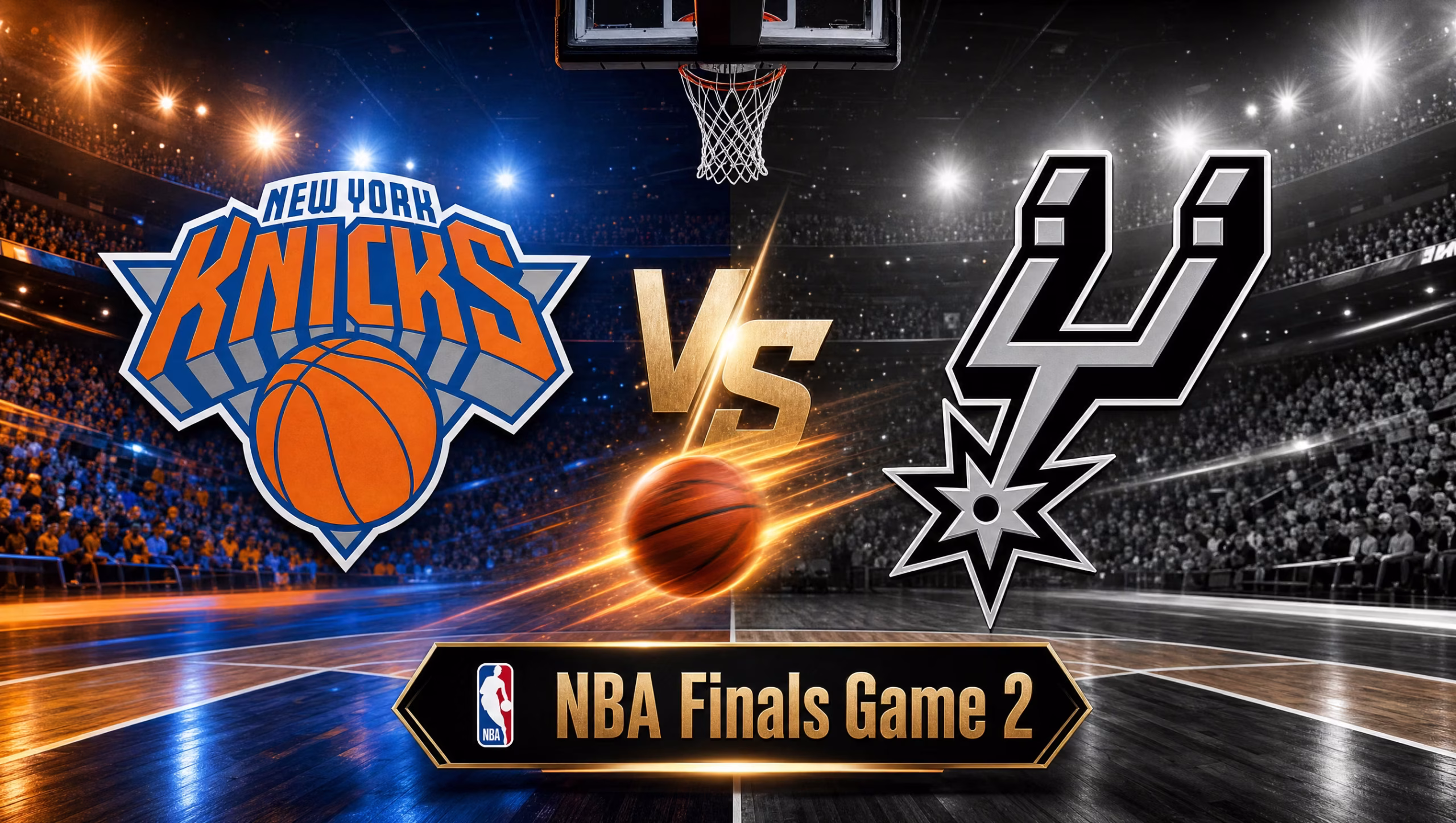 New York Knicks vs San Antonio Spurs NBA Finals Game 2 matchup graphic.