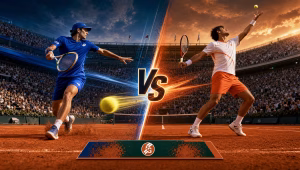 Matteo Arnaldi vs Flavio Cobolli French Open semifinal matchup graphic on the Roland-Garros clay.