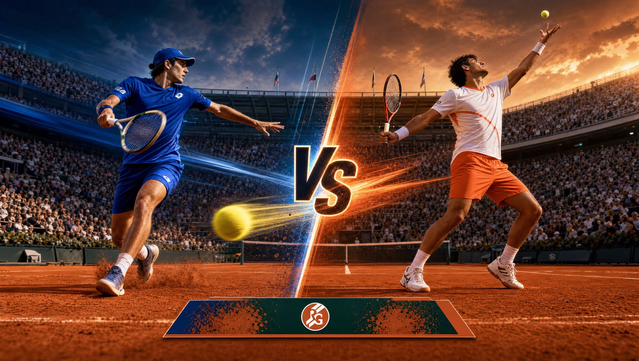 Matteo Arnaldi vs Flavio Cobolli French Open semifinal matchup graphic on the Roland-Garros clay.
