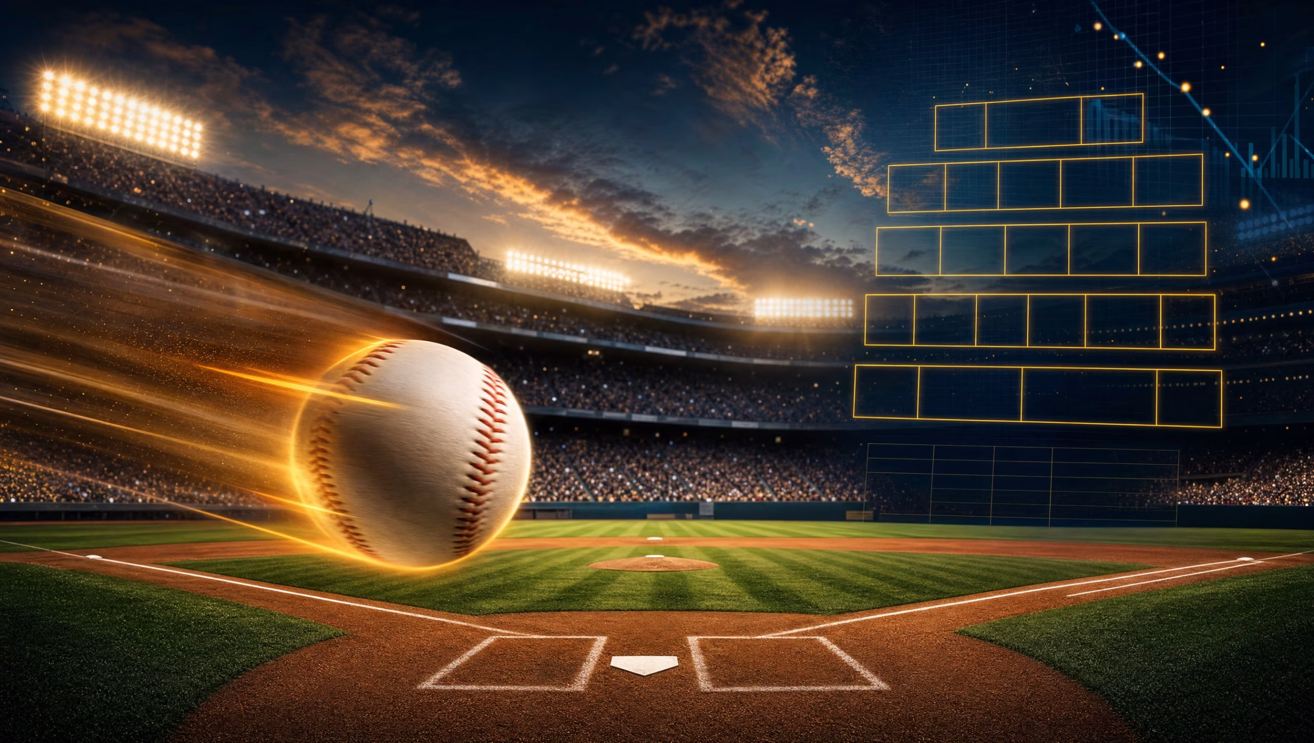 Floodlit MLB ballpark and baseball, daily fantasy concept graphic for Thursday's DraftKings slate