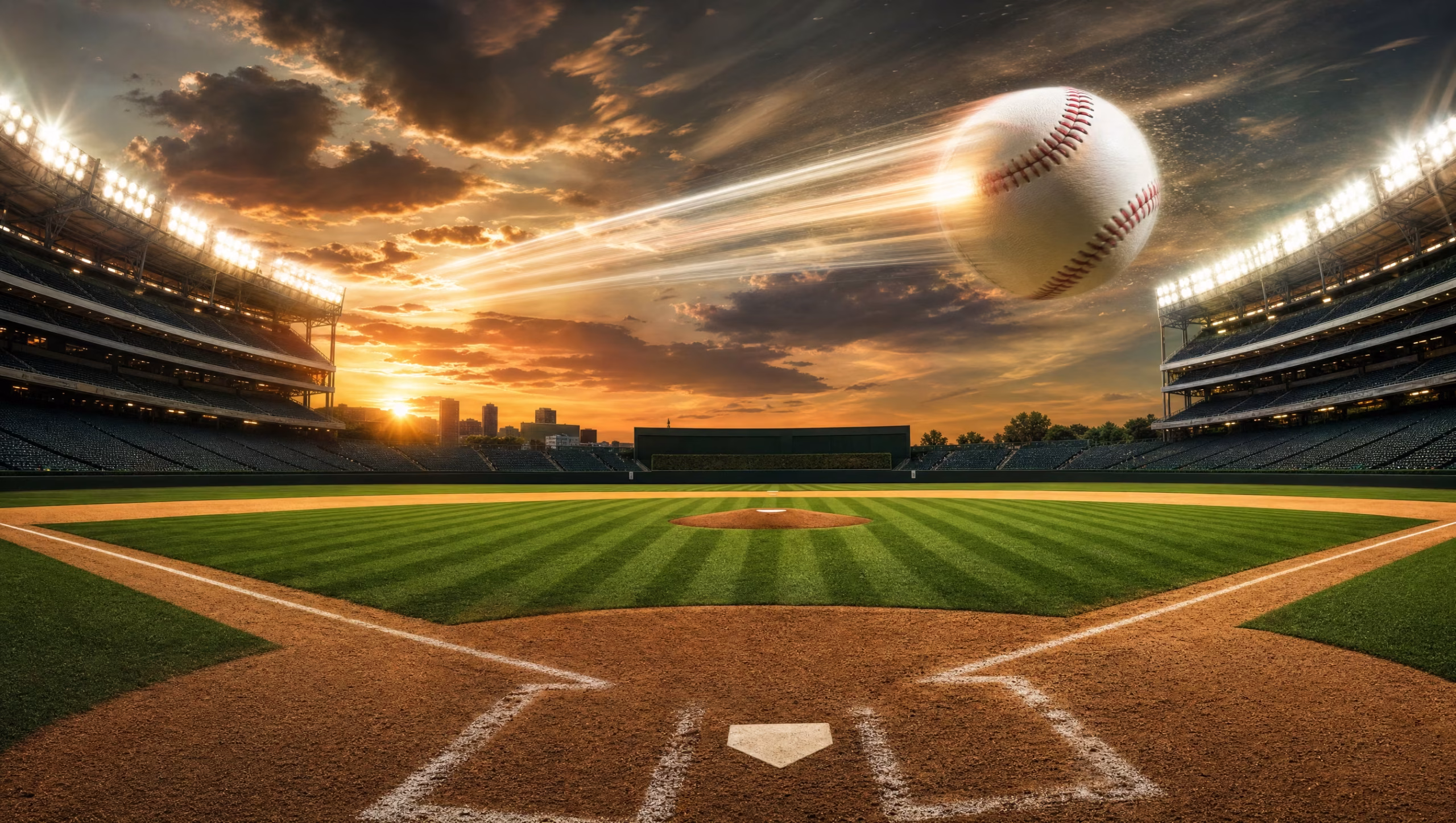 MLB DFS picks concept graphic of a dusk-lit MLB ballpark under the lights before first pitch