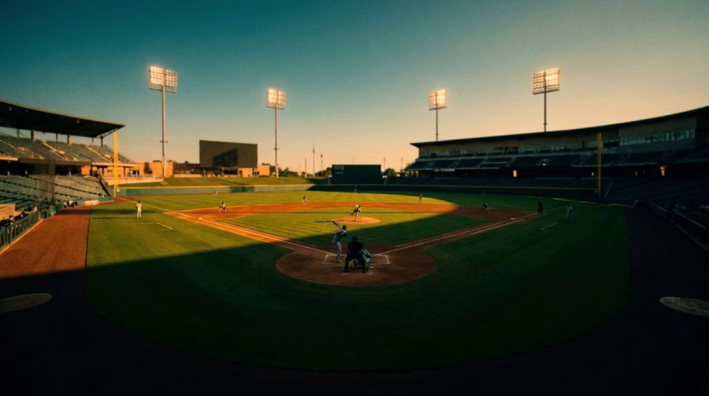 Baseball stadium at golden hour viewed from behind home plate, illustrating MLB DFS stacking strategy