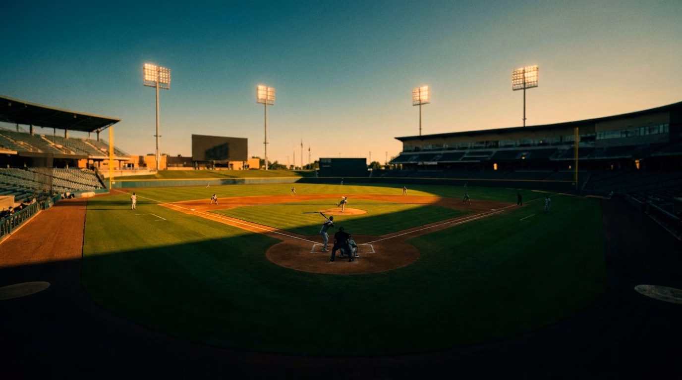 Baseball stadium at golden hour viewed from behind home plate, illustrating MLB DFS stacking strategy