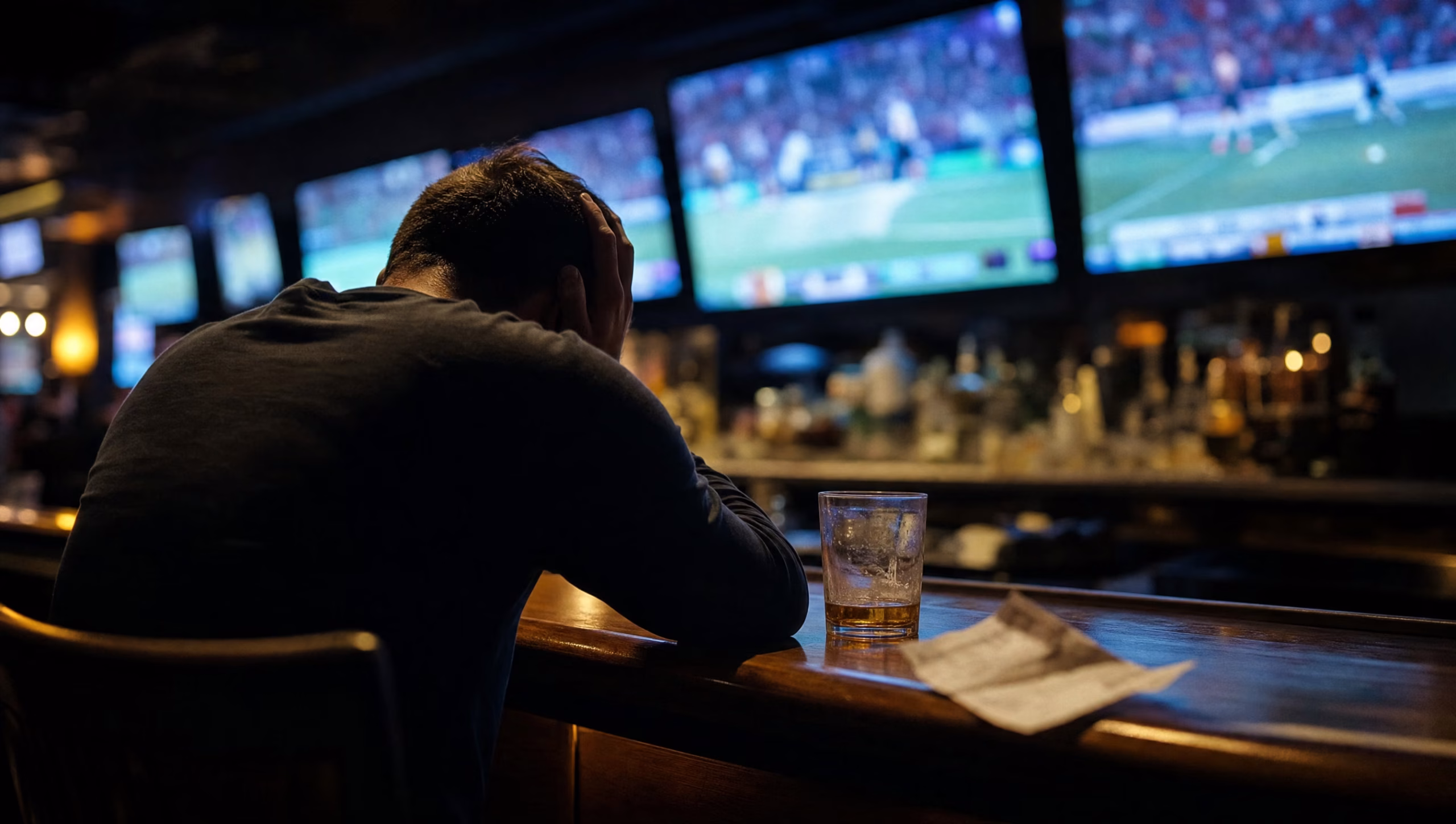 Silhouette of a dejected bettor head in hands at a dark sports bar after a bad beat, glowing screens nearby