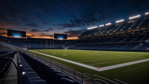 Empty NFL stadium at dusk under dramatic floodlights ahead of the 2026 season