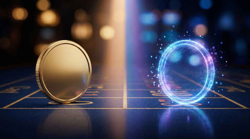 Gold coin facing a glowing digital coin on a dark casino table, illustrating online vs sweepstakes casinos