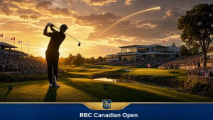 RBC Canadian Open 2026 tournament graphic: golden-hour course scene at TPC Toronto with golfer silhouette