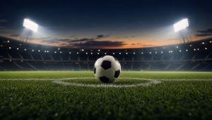 Soccer ball at midfield under stadium floodlights at dusk before a big match