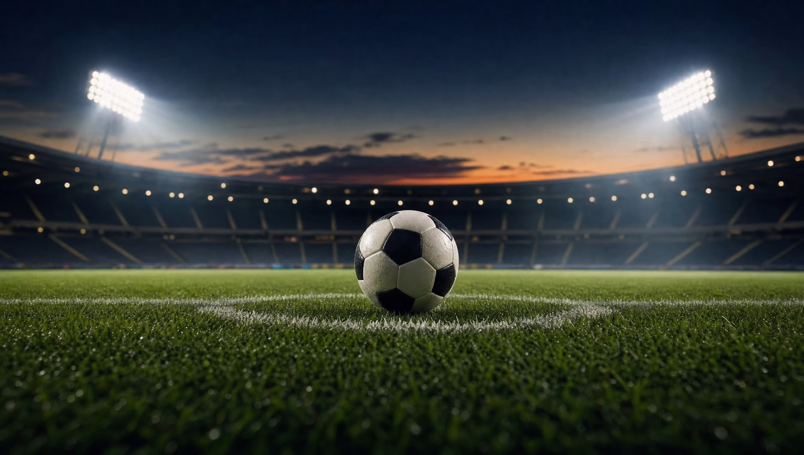 Soccer ball at midfield under stadium floodlights at dusk before a big match