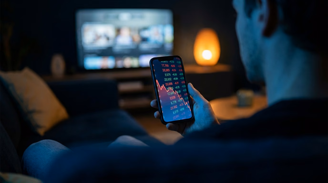 Person on a couch at night viewing sports betting odds and a falling line chart on a phone