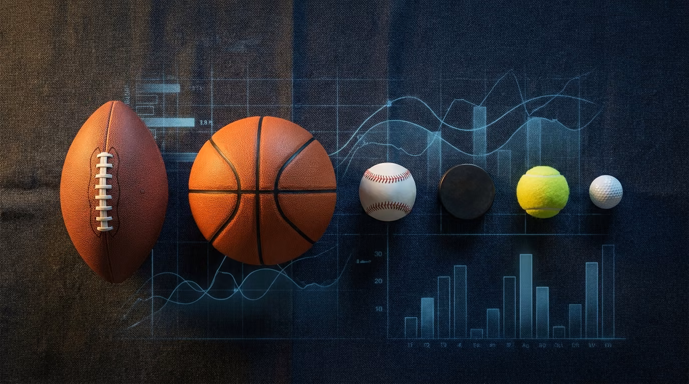 Different sports balls in a row on a dark desk beneath a glowing betting odds data overlay