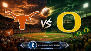Texas Longhorns vs Oregon Ducks NCAA Super Regional Game 2 matchup graphic