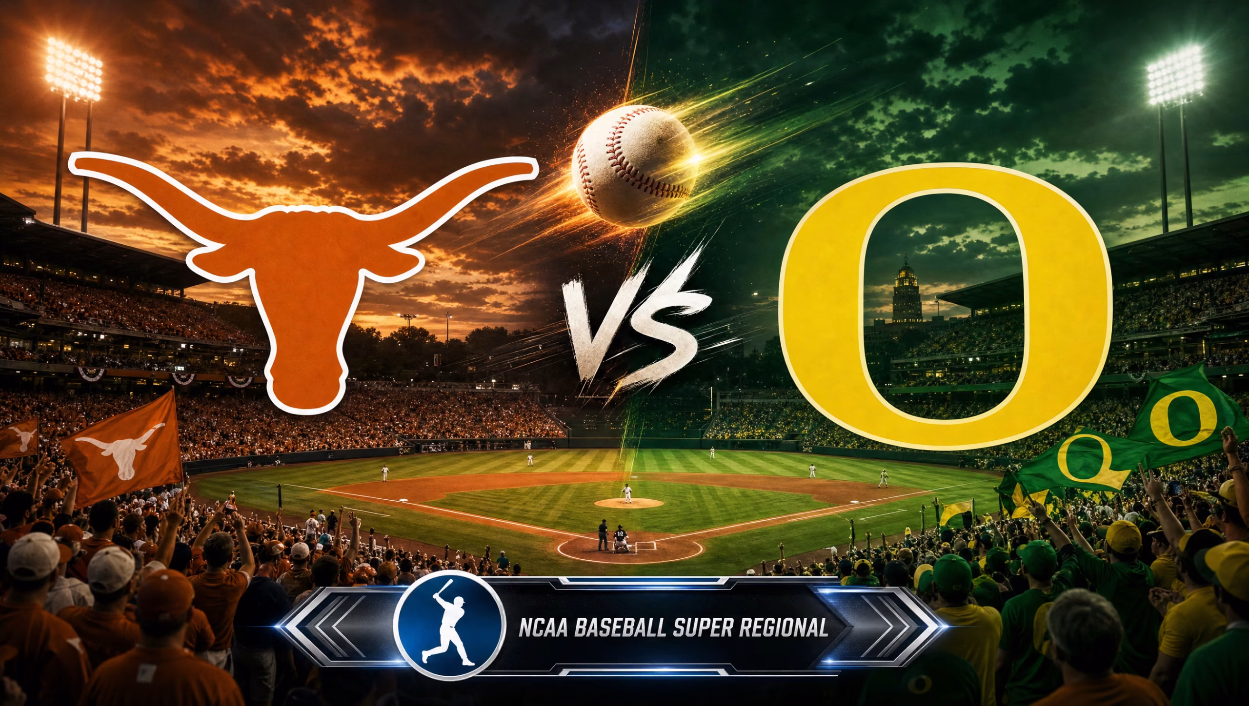 Texas Longhorns vs Oregon Ducks NCAA Super Regional Game 2 matchup graphic