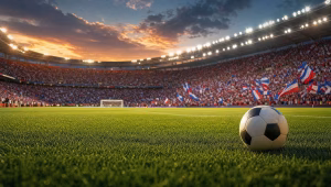 Packed stadium at dusk with red, white, and blue soccer fans waving flags and a ball on the pitch