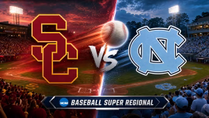 USC Trojans vs North Carolina Tar Heels NCAA baseball Super Regional matchup graphic