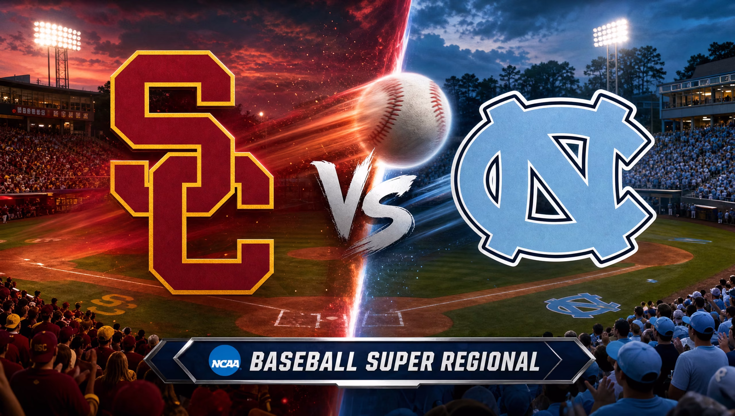 USC Trojans vs North Carolina Tar Heels NCAA baseball Super Regional matchup graphic