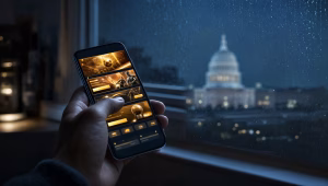 A hand holds a smartphone glowing with gambling ad banners, a government building visible through a rainy window