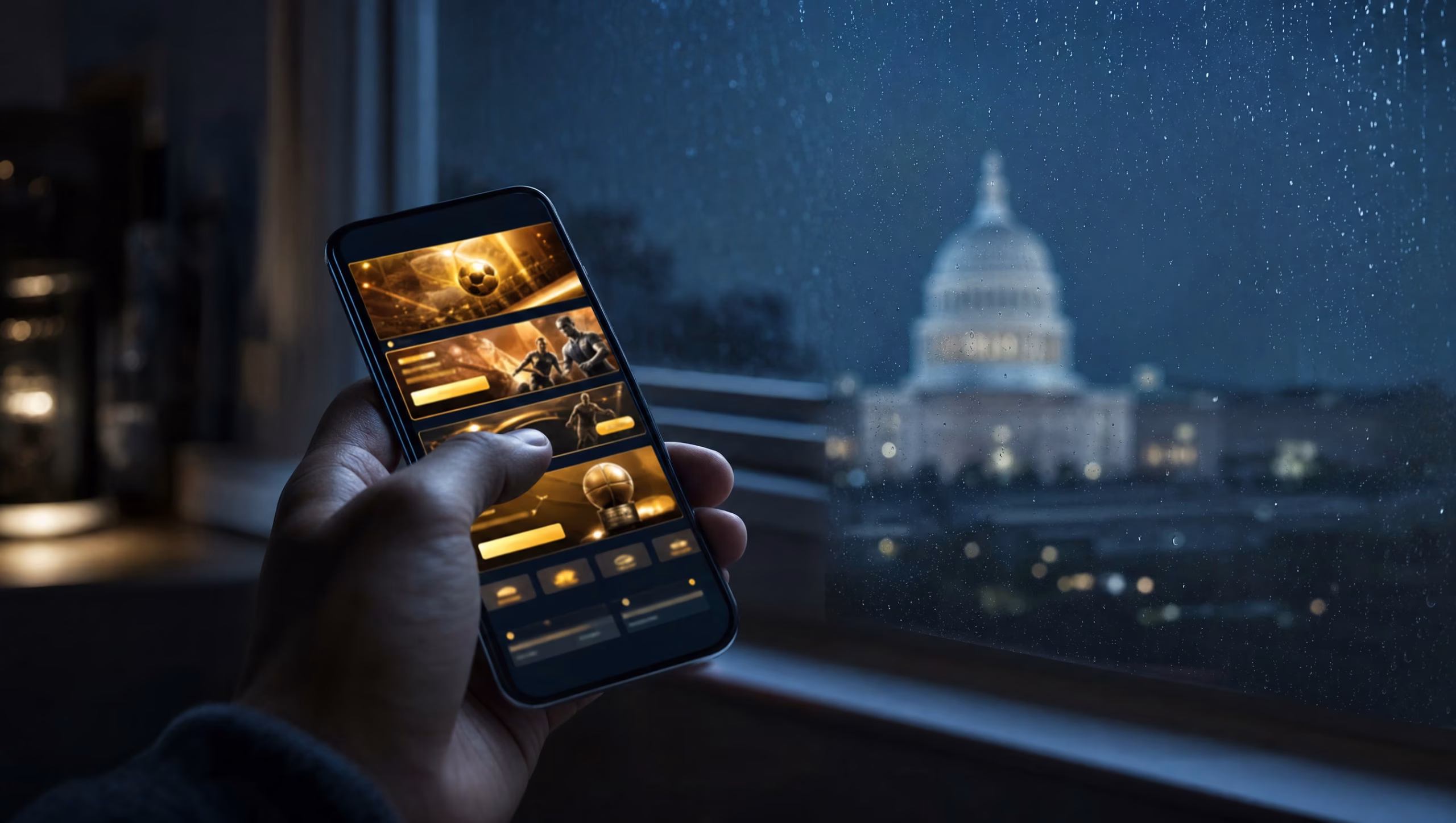 A hand holds a smartphone glowing with gambling ad banners, a government building visible through a rainy window