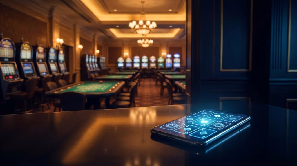 Land-based casino floor with slot machines and tables behind a phone showing online casino games