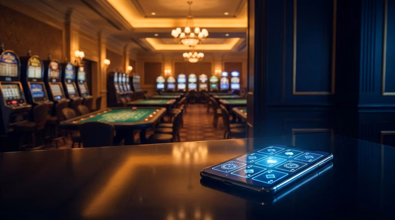 Land-based casino floor with slot machines and tables behind a phone showing online casino games