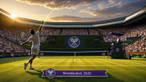 Wimbledon 2026 betting preview graphic with the tournament logo on a grass Centre Court at golden hour.
