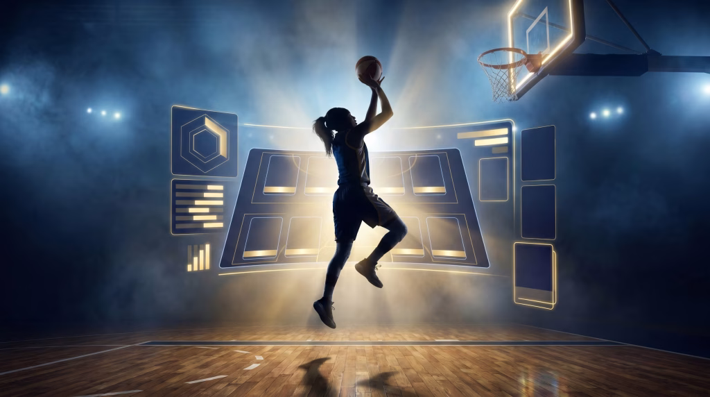 WNBA DFS art: a women's basketball player taking a jump shot beside a glowing daily-fantasy lineup grid