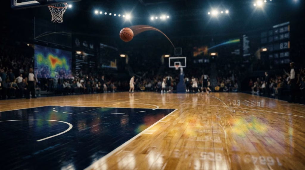 Basketball arcing toward the hoop in a dark arena with a faint stats overlay, evoking WNBA and NBA DFS strategy
