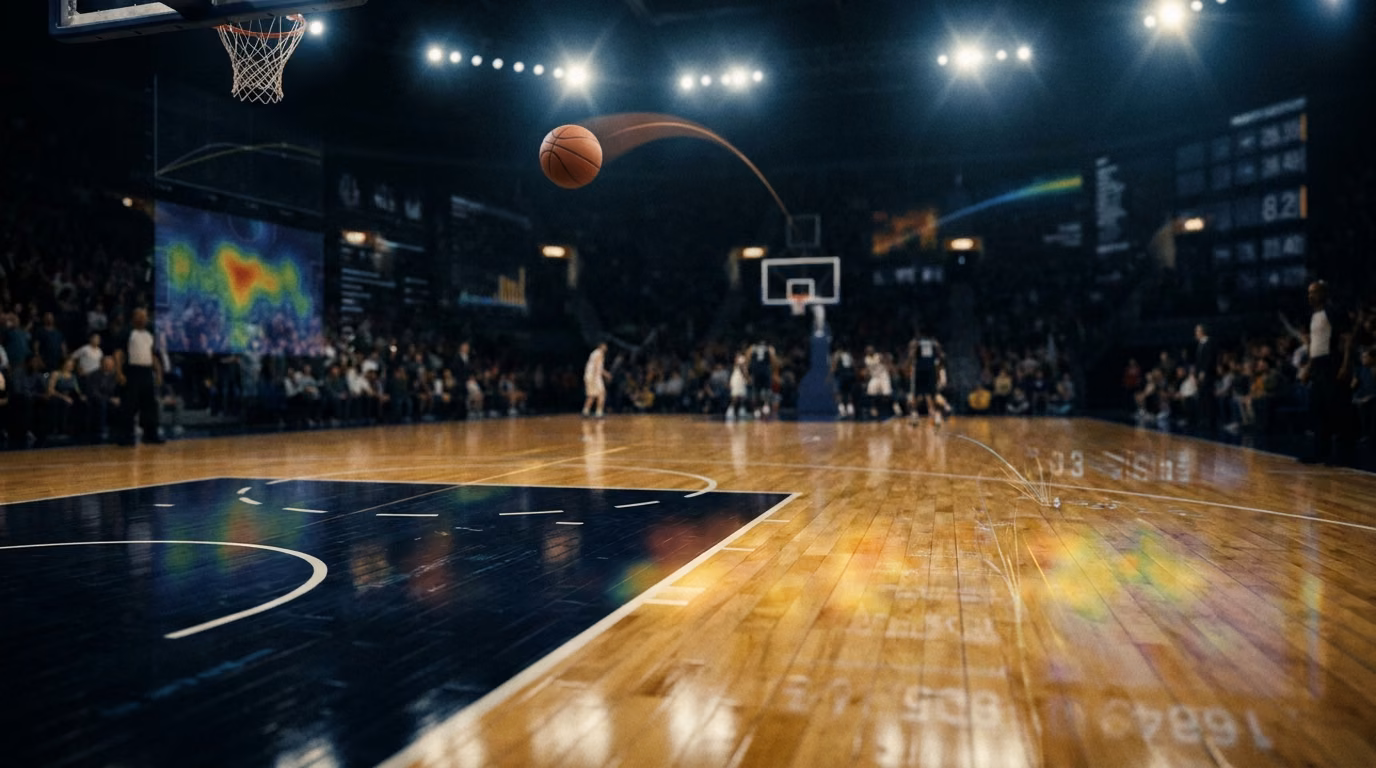 Basketball arcing toward the hoop in a dark arena with a faint stats overlay, evoking WNBA and NBA DFS strategy